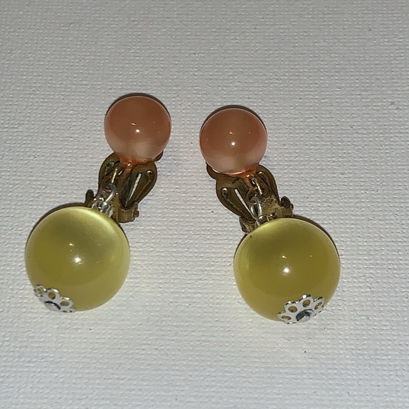 Very rare - Vintage 1930s lemon yellow drop & pink candy floss earrings - Picture 2 of 7